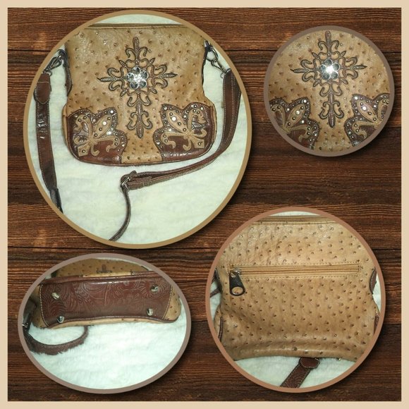 Unbranded Handbags - BROWN LEATHER WESTERN HANDBAG CROSSBODY BOHO CROSS RHINESTONE STUD COUNTRY PURSE